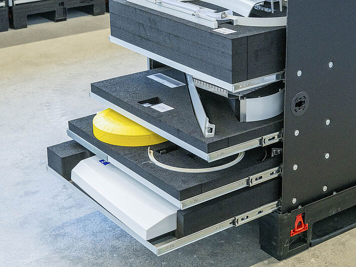 Kunststoff und Edelstahl, lackiert, mit Unterbaugruppen geliefert in Pendelverpackung